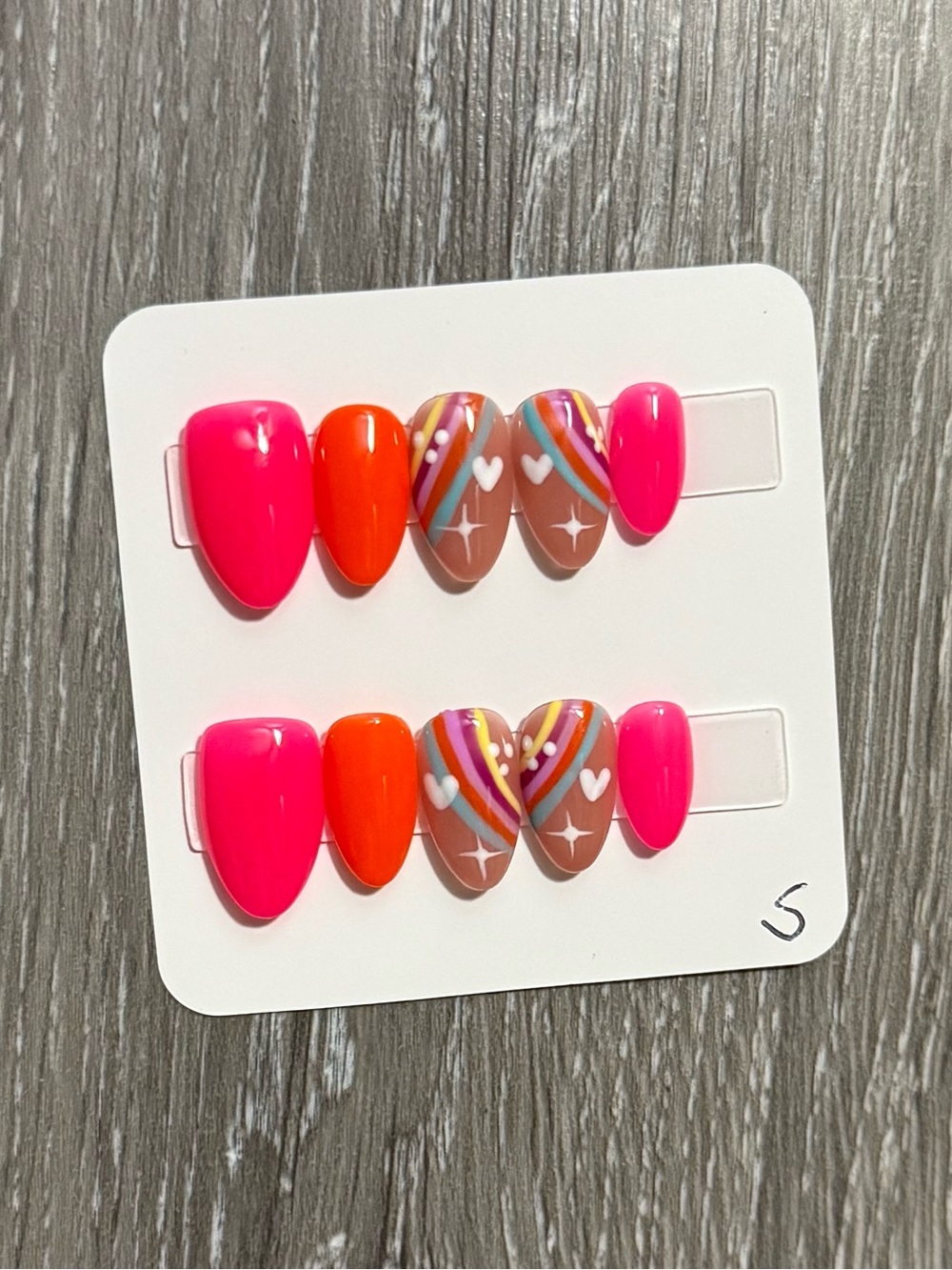 Playful Pink & Orange Heart Accent Press-On Nails with Rainbow Stripes